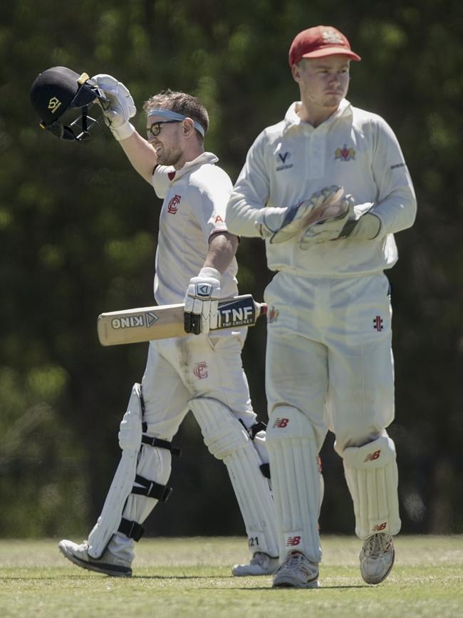 Essendon’s Aaron Ayre celebrates his ton on Saturday. Picture: Valeriu Campan