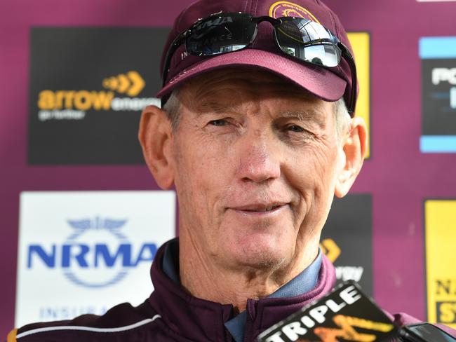 Coach Wayne Bennett smiles during a press conference following the Brisbane Broncos training session at Red Hill in Brisbane, Wednesday, July 25, 2018. The Broncos play the Cronulla Sharks in their Round 20 match in Brisbane on Friday. (AAP Image/Dave Hunt) NO ARCHIVING