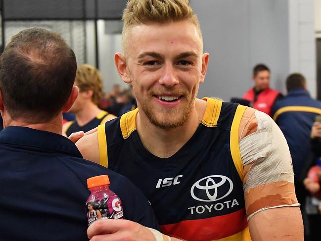 ADELAIDE, AUSTRALIA - JULY 21: Hugh Greenwood of the Crows is congratulated by Adelaide Crows Senior Coach Don Pyke after the round 18 AFL match between the Adelaide Crows and the Geelong Cats at Adelaide Oval on July 21, 2017 in Adelaide, Australia.  (Photo by Daniel Kalisz/Getty Images)