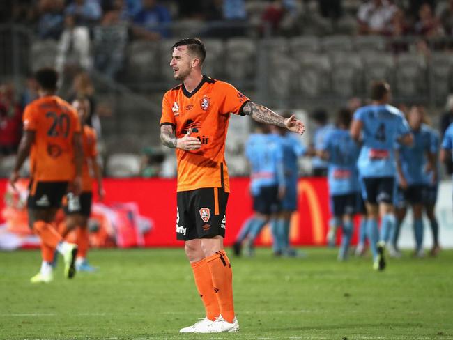 Roy O’Donovan of the Roar reacts after his team concede yet another goal during the Round 9 A-League match between Sydney FC and Brisbane Roar at Netstrata Jubilee Stadium. Picture: AAP Image/Jeremy Ng