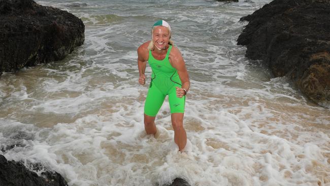 Former Olympic swimmer Brooke Hanson, in training at Currumbin, is making a comeback in the surf. Picture Glenn Hampson