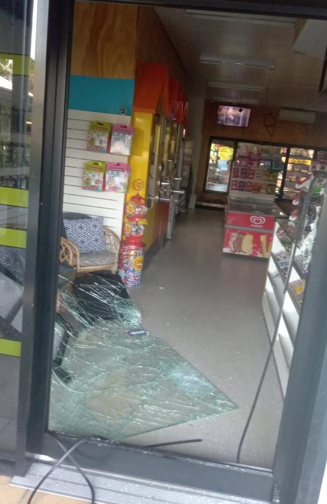 On February 18 staff from the new convenience store arrived to find the store broken into and their door shattered to pieces.