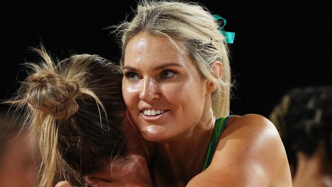 BIRMINGHAM, ENGLAND - AUGUST 06: Liz Watson and Gretel Bueta of Team Australia celebrate victory during the Netball Semi-Final match between Team England and Team Australia on day nine of the Birmingham 2022 Commonwealth Games at NEC Arena on August 06, 2022 on the Birmingham, England. (Photo by Eddie Keogh/Getty Images)
