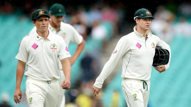 (L-R) Steve O’Keefe and Steve Smith at the SCG for last year’s rain-affected Test against the West Indies. Picture Gregg Porteous