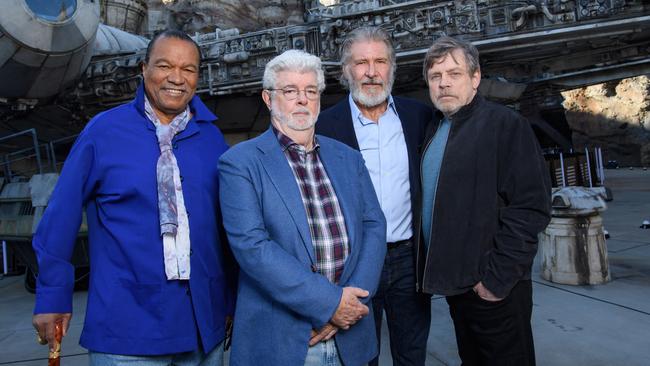 Star Wars comrades Billy Dee Williams, George Lucas, Harrison Ford and Mark Hamill at the pre-opening launch of Star Wars: Galaxy's Edge at Disneyland last year. Picture: Richard Harbaugh/Disneyland Resort via Getty Images