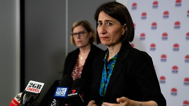 NSW Premier Gladys Berejiklian and chief health officer, Dr Kerry Chant speak at a press conference about the new cases of COVID-19 on December 18. Picture: Getty