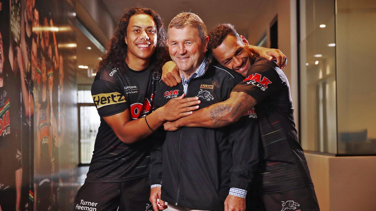 Penrith Panthers NRL legend Royce Simmons pictured at Panthers HQ with Jarome Luai (left) ands Api Koroisau (right). Picture: Sam Ruttyn.