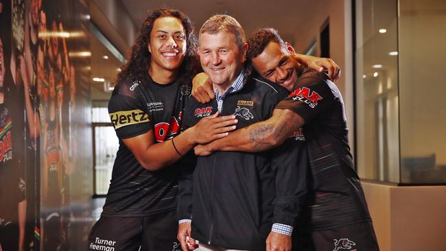 Penrith Panthers NRL legend Royce Simmons pictured at Panthers HQ with Jarome Luai (left) ands Api Koroisau (right). Picture: Sam Ruttyn.