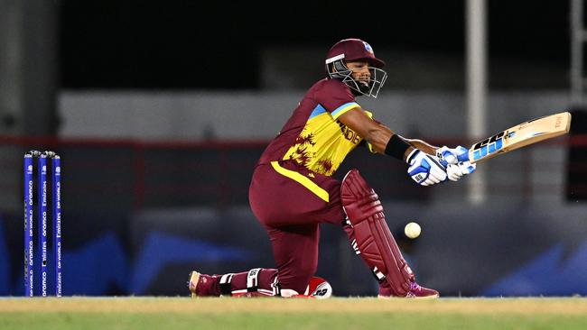 West Indies' wicketkeeper Nicholas Pooran hits a four againt England. Picture: AFP