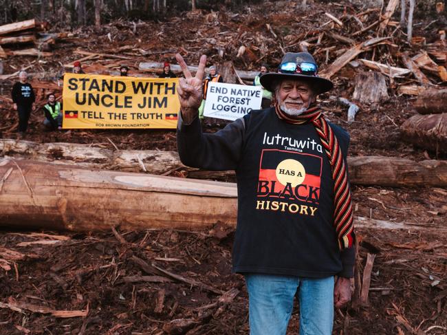 Protesters, including Pakana/Palawa political activist Jim Everett-Puralia Meenamatta, at Central Highlands logging coupe. Picture: Bob Brown Foundation