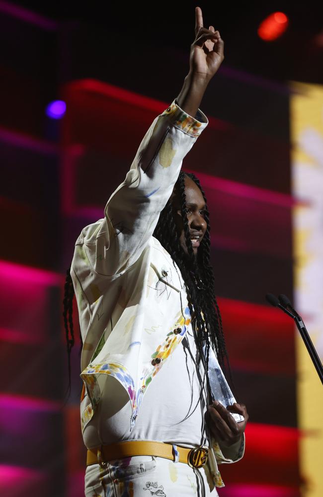 Baker Boy wins Best Solo Artist at the 2022 ARIA Awards at the Hordern Pavilion, Moore Park. Picture: Jonathan Ng