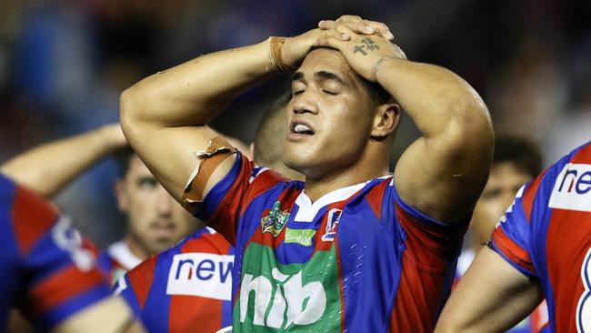 Sione Mata'utia of the Knights looks dejected during the Round 6 NRL match between the Newcastle Knights and the Canterbury-Bankstown Bulldogs