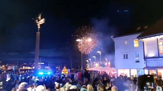 Wild scenes in the streets when Norway lifted Covid restrictions after 561 days. Picture: Twitter/@TheMarieOakes