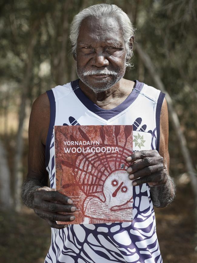 Donny Woolagoodja with his biography titled: Yornadaiyn Woolagoodja. Picture: Katie Breckon/Magabala Books