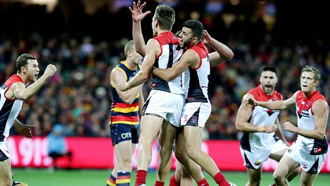 Melbourne celebrates a goal during its thrilling win over Adelaide. Picture: Sarah Reed