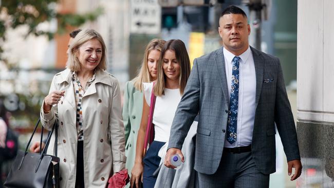 Jarryd Hayne with his wife Amellia and lawyer Margaret Cunneen (l). Picture: Nikki Short/NCA NewsWire