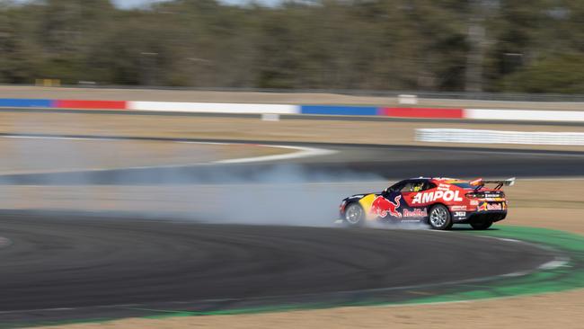 Shane van Gisbergen skids off the track at Queensland Raceway during testing ahead of next week’s first endurance race of 2023 in Sandown. Picture: Matthew Paul