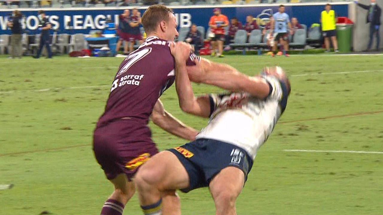 Daly Cherry-Evans takes Tom Gilbert down.