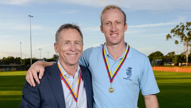 Sturt's Brad Davis with father, Garry after winning the Bradman Medal in 2021. Picture: Brenton Edwards