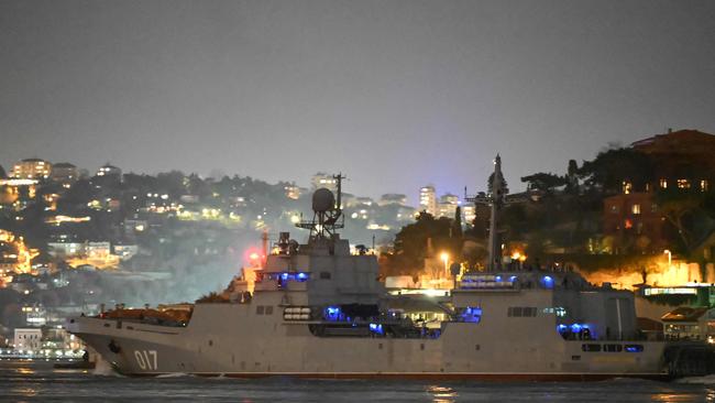 One of three Russian ships, Ivan Gren class large landing ship the Pyotr Morgunov sails through the Bosphorus Strait en route to the Black Sea past Istanbul on Thursday. Picture: AFP