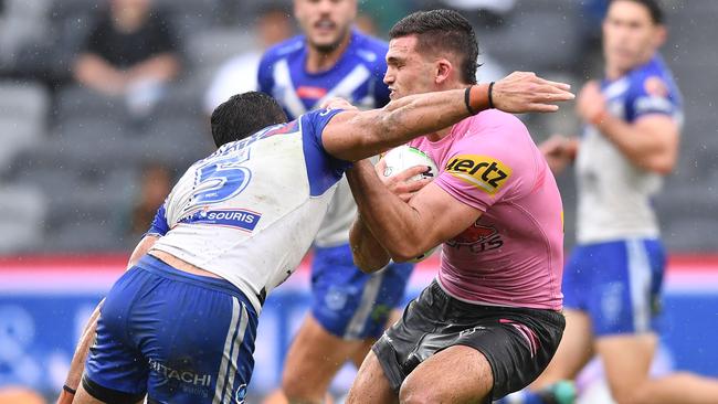 Dallin Watene-Zelezniak collects Nathan Cleary with a swinging arm on Saturday, leaving him in doubt for the Panthers’ clash with the Storm. Picture: Robb Cox/NRL Photos