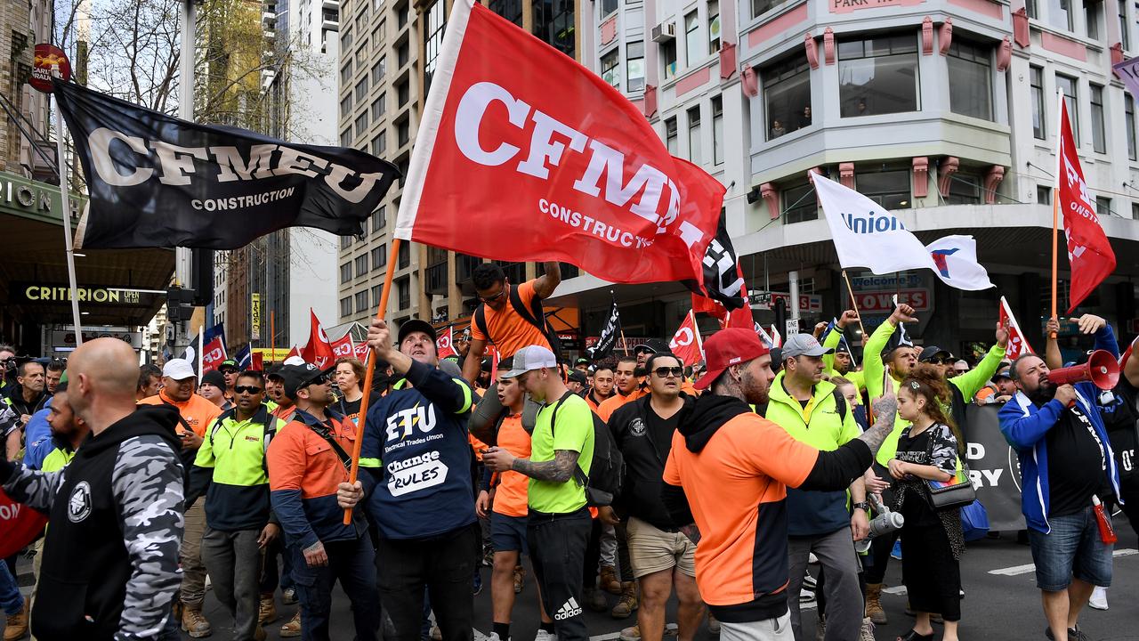 Trade and construction workers take part in a protest march in Sydney. Picture: AAP Image