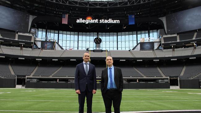 NRL CEO Andrew Abdo (left) and ARL Commission boss Peter V’landys visited Las Vegas’ Allegiant Stadium last month.