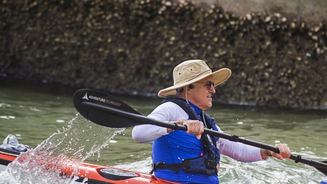 Former Prime Minister Malcolm Turnbull enjoying a morning kayak on Sydney Harbour. Picture: Jenny Evans