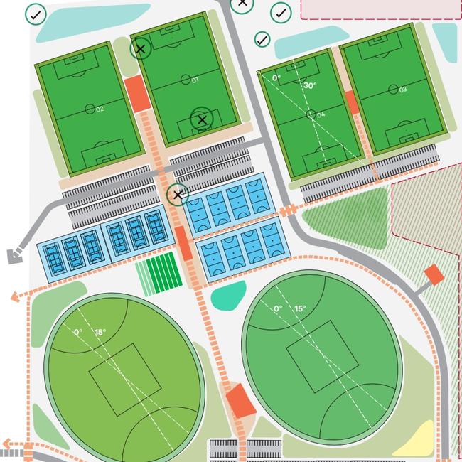 The council endorsed Stage 1 of the regional sports hub in April 2018. The ‘X’ are locations of the significant trees removed this week. The plan was released in May last year and is available on the council’s website. Source: Mt Barker Council/Oxigen