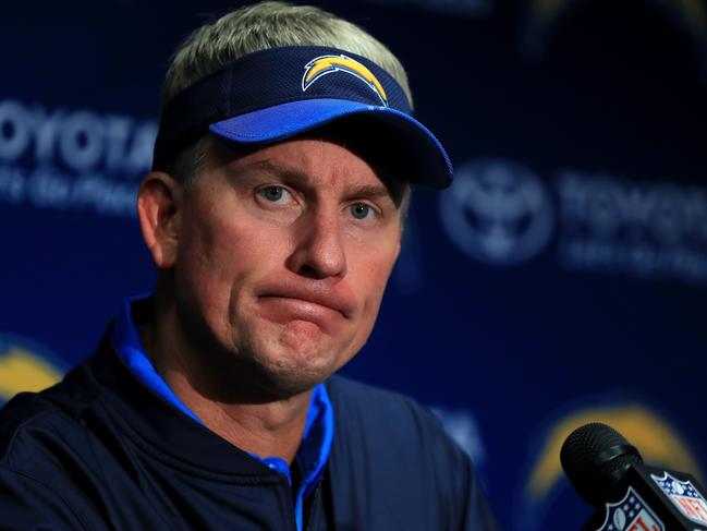 SAN DIEGO, CA - JANUARY 01: Head Coach Mike McCoy of the San Diego Chargers addresses the media after losing to the Kansas City Chiefs 37-27 in a game at Qualcomm Stadium on January 1, 2017 in San Diego, California. Sean M. Haffey/Getty Images/AFP == FOR NEWSPAPERS, INTERNET, TELCOS & TELEVISION USE ONLY ==
