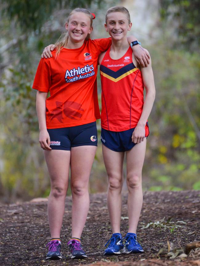 Cross country runners, brother and sister Joe, 14, and Bethany Cross, 16. Picture: AAP Image/Brenton Edwards.