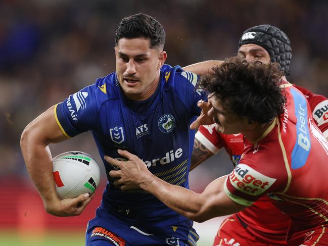 Newcastle-bound Dylan Brown made a telling statement ahead of Parramatta’s clash against the Dolphins. Picture: Matt King/Getty Images