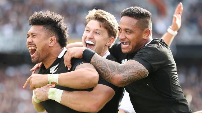 Ardie Savea celebrates a try during New Zealand’s 27-7 win.