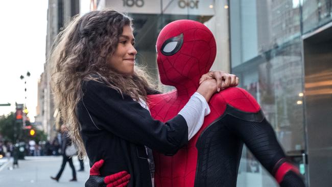 Michelle (Zendaya) catches a ride from Spider-Man a scene from Spider-Man: Far From Home.