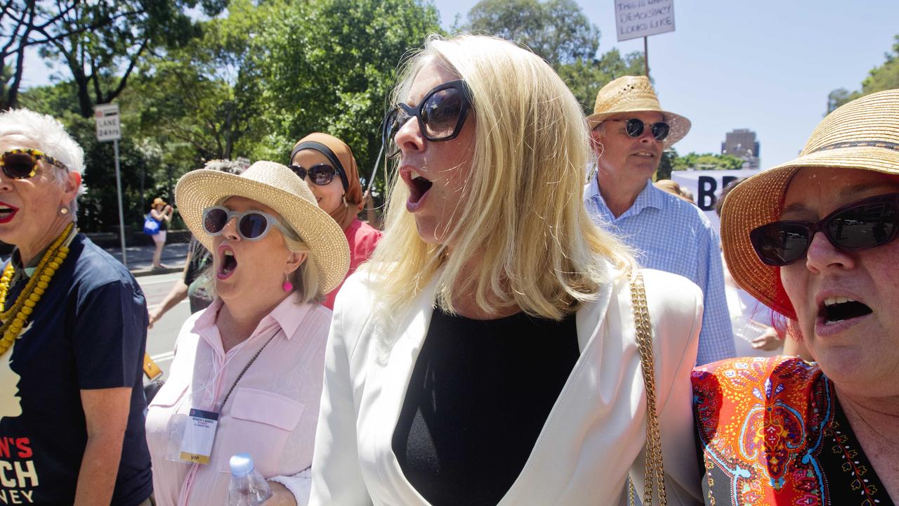 Tracey Spicer marching during a protest in Sydney. Picture: Jenny Evans