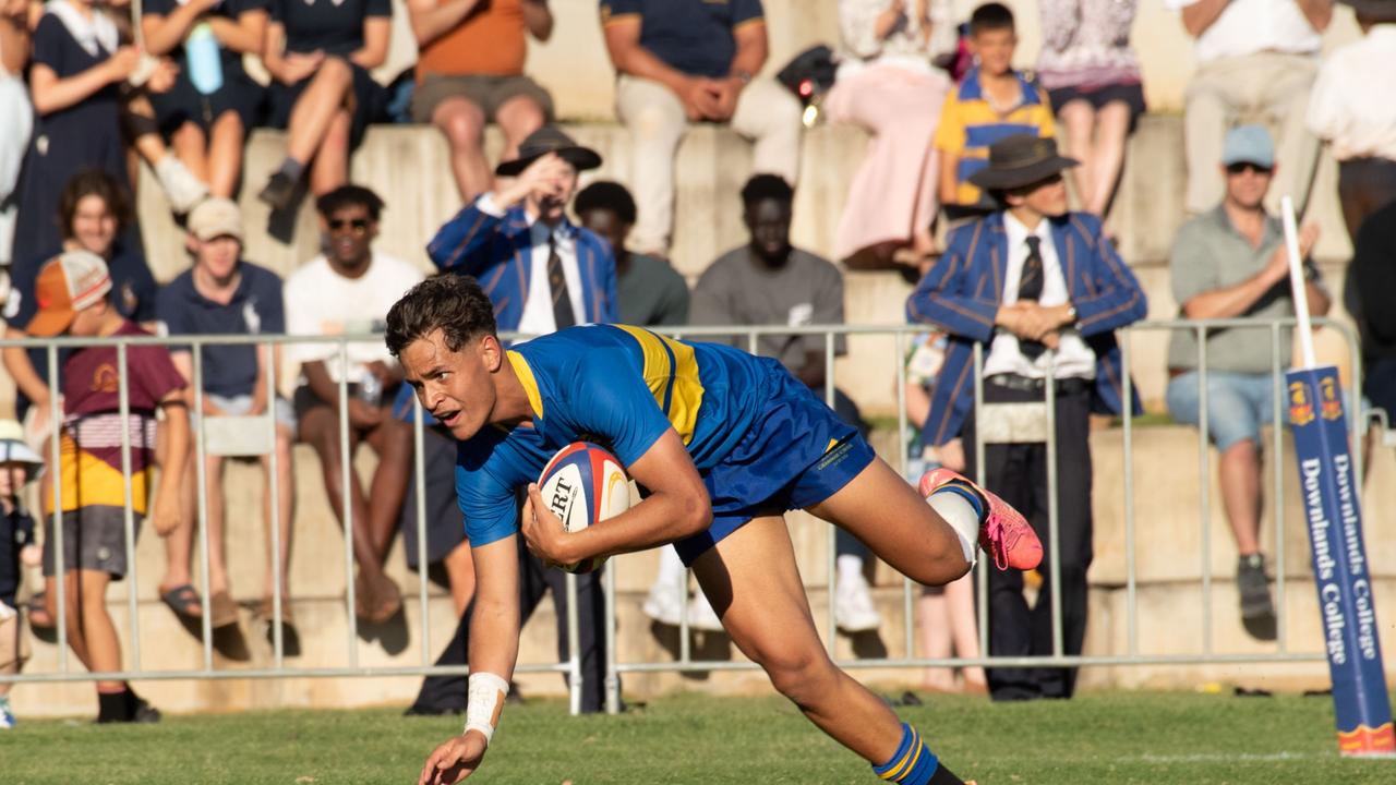 Iliesa Baravilala scores a try for TGS. 2024 OCallaghan Cup at Downlands College.Photo by Nev Madsen