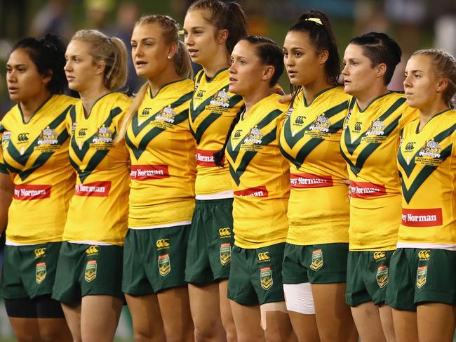 NEWCASTLE, AUSTRALIA - MAY 06:  The Australian Jillaroos sing the national anthem during the Women's international Rugby League Test match between the Australian Jillaroos and New Zealand Kiwi Ferns at Hunter Stadium on May 6, 2016 in Newcastle, Australia.  (Photo by Mark Kolbe/Getty Images)