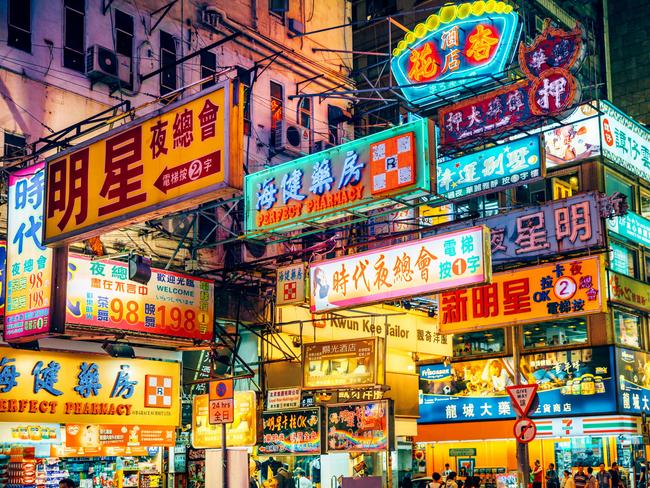 A street scene in Kowloon, Hong Kong.