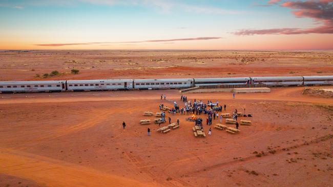 The Ghan on a stop at Manguri, South Australia.