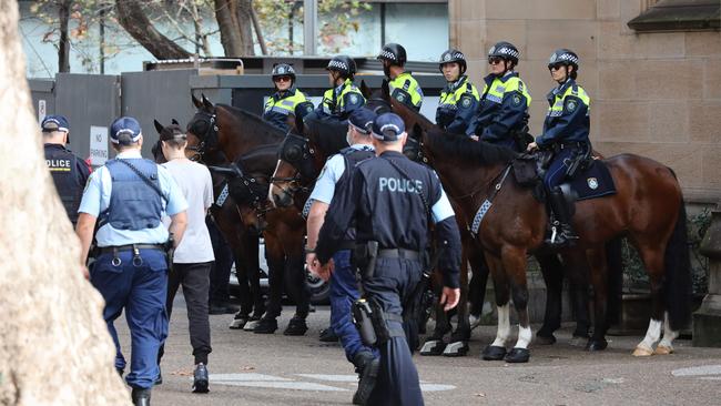 Police in position at Sydney Town Hall for the protest. Picture: David Swift