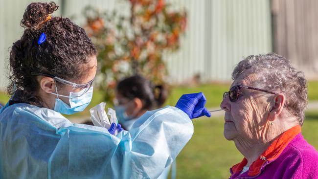 An elderly woman is tested for COVID-19 at a pop-up clinic in the Melbourne suburb of Broadmeadows. Picture: Asanka Ratnayake/Getty Images