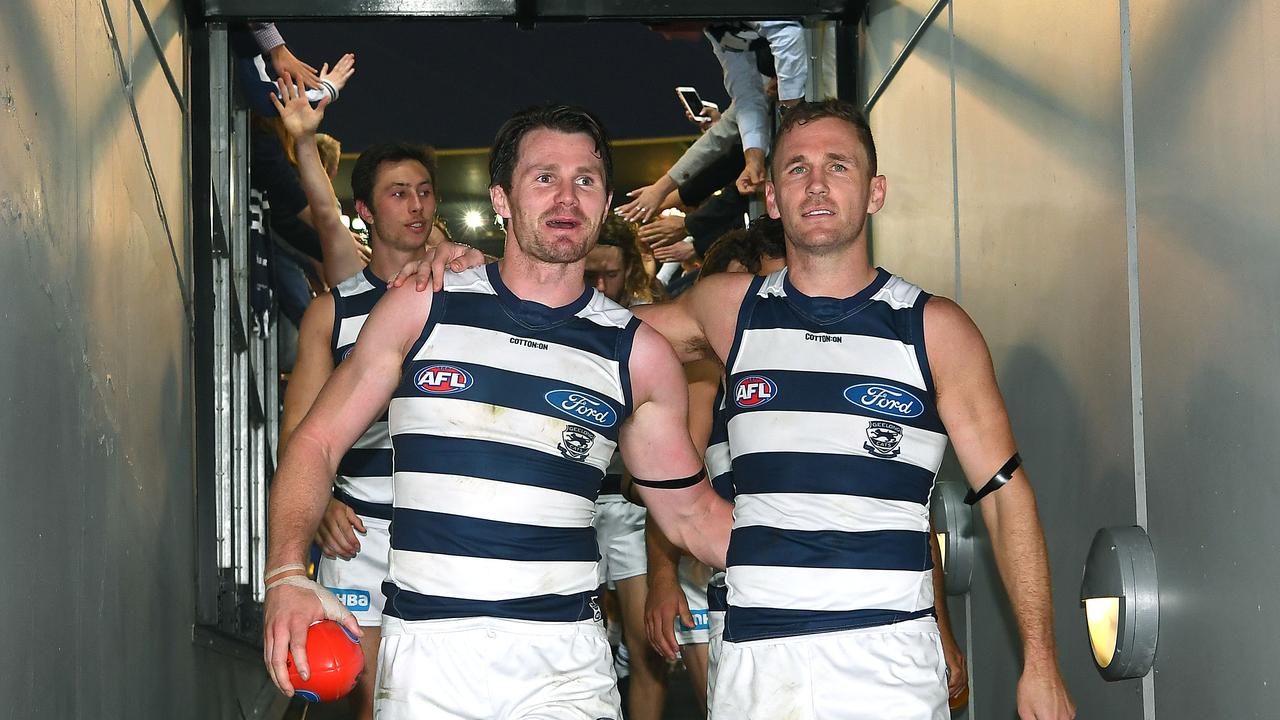 MELBOURNE, AUSTRALIA - APRIL 22: Patrick Dangerfield and Joel Selwood of the Cats celebrate winning the round 5 AFL match between Hawthorn and Geelong at Melbourne Cricket Ground on April 22, 2019 in Melbourne, Australia. (Photo by Quinn Rooney/Getty Images)