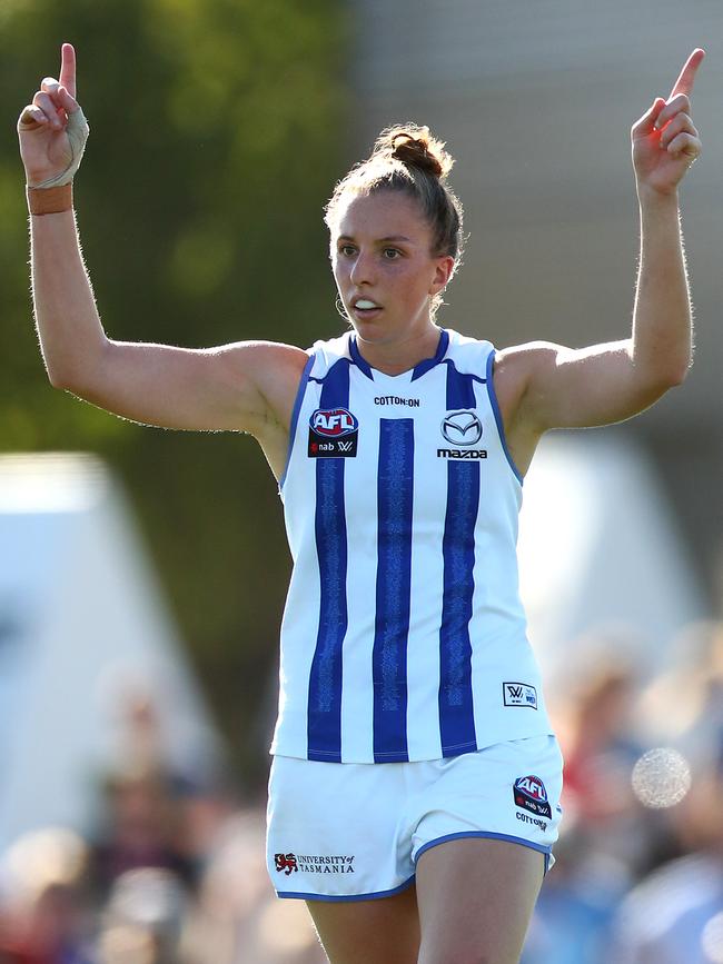 Controlling North Melbourne’s 186cm Emma King looms as a tough battle for the Crows this weekend. Picture: Kelly Defina/Getty 