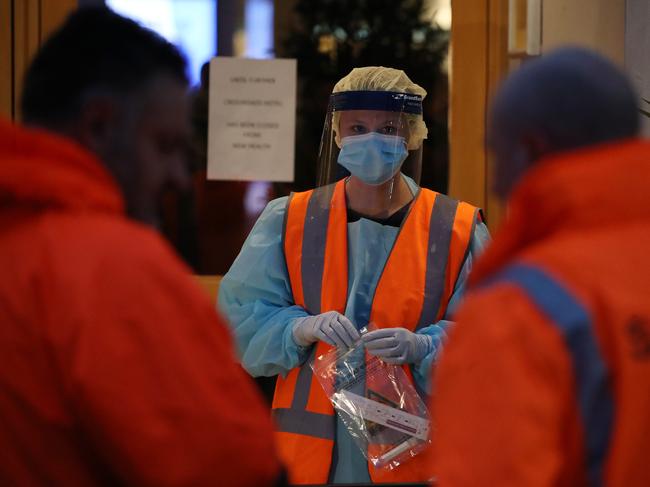 A COVID-19 testing clinic at the Crossroads Hotel in Casula. Picture: David Swift