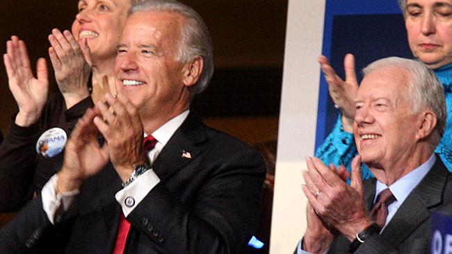 Joe Biden and Jimmy Carter listen at the Democratic National Convention in 2008. Picture: AP