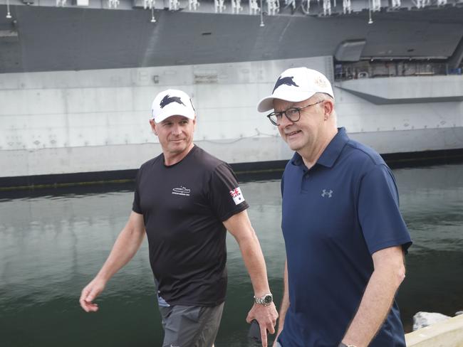 Anthony Albanese and Vice Admiral Mark Hammond in San Diego to reveal the landmark AUKUS deal. Picture: Sandy Huffaker