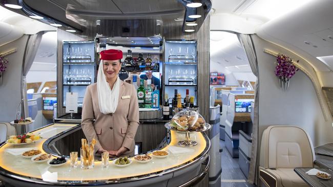 Emirates’ bar on its A380 aircraft. Picture: Jasper Juinen