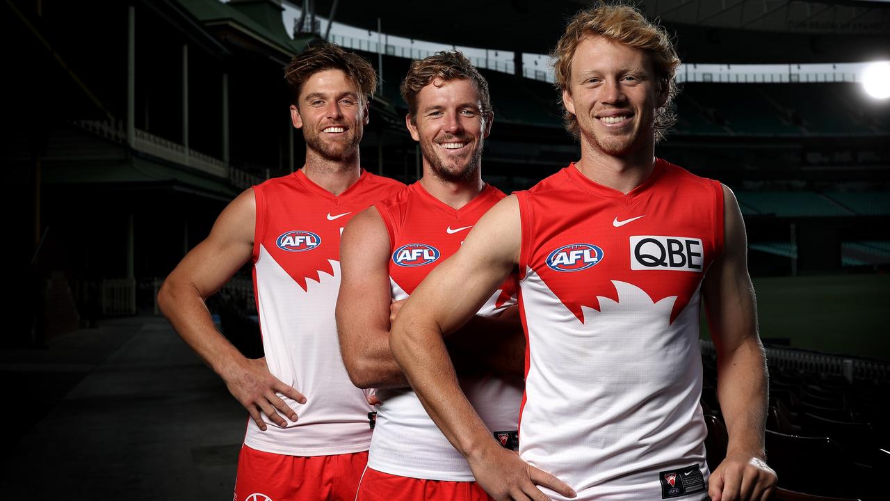 Dane Rampe (left) with fellow Sydney co-captains Luke Parker and Callum Mills. Picture: Phil Hillyard