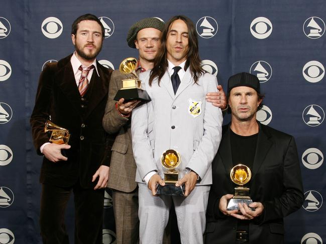 From left, John Frusciantea, Flea, Anthony Kiedis and Chad Smith at the 49th Annual Grammy Awards on Sunday, Feb. 11, 2007, in Los Angeles. (AP Photo/Kevork Djansezian)