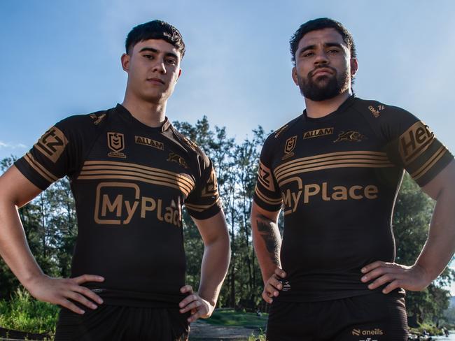 Penrith's Blaize Talagi and Isaiah Papali'i in the Panthers' Las Vegas jersey. Pic: Panthers